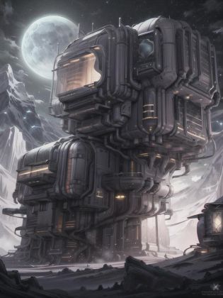 <lora:LunarPunkAI:1> LunarPunkAI, tall, (house:1.6), falling rocks, open crater, monolith, night, stars in the background, detailed, intricate <lora:more_details:0.6>