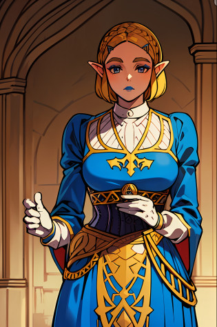Queen in a royal blue dress standing in a Castle Hall, queen zelda, breath of the wild art style, queen zelda, botw style, zelda with triforce, wearing crown, heavy blue lipstick, Queen Dress, Tapered Dress with corset, Banquet Dress, Queen fancy Makeup, large fancy wide-cuff gloves, wide-cuff white gloves with gold trim, queen crown, wide queen crown, small chest, standing at eye-level, large white-cuff Gloves, wearing a large Silver crown