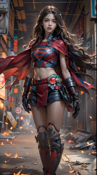 motor irreal:1.4,CG ultra realista 64K, fotorrealista:1.4, textura de la piel:1.4, obra maestra:1.4,Hermosa mujer Usando un disfraz sexy de Supergirl, cabello rubio y rubio, ojos azules, ropa interior Antecedentes detallados, traje de super cyberpunk . caderas anchas,An apocalyptic city of fire, mostrando vientre plano,Minifalda roja, ,hermosas manos finas,