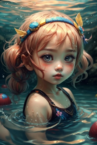 swimming, Chibi, real, art, yang08k, photography, beautiful, colorful, realistic, masterpieces, top quality, best quality, official art, beautiful and aesthetic, <lora:yang08k:0. 7>