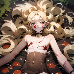 ((young man)), teenage boy, (((one person))), single, solo, ((slim body)), (((flat chest))), slender body, slim waist, ((pale skin)), (((light blonde hair))), ((pointy ears)), (((very poofy hair))), (((very fluffy hair))), (((wavy hair))), (((long hair))), ((full hair)), (((he has dark brown colored eyes))), (((dark brown colored eyes))), (((dark brown eyes))), cute face, (((fantasy style))), (((brown choker))), big eyes, (((male))), guy, (((boy))), magic, magical, (bare legs), (((revealing clothes))), ((wearing fantasy clothes)), ((fur on clothes)), (((covered in blood))), ((bloody body)), (((bloody))), ((bloody skin)), ((bloody face)), ((bloody fur)), ((blood stains on hair)), (((blood dripping down))), (((blood splatters))), (((blood stains))), (((blood dripping))), (((lying on the ground in a rocky forest))), ((sleeping)), (surrounded by dead bodies), ((dead bodies on the ground)), (((blood on the ground))), ((lying in a blood puddle))