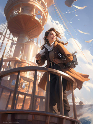 (best quality,4k,8k,highres,masterpiece:1.2),ultra-detailed,(realistic,photorealistic,photo-realistic:1.37),surrealism,dream-like fusionart, aespakarina,1girl,of a woman in a pirate costume,start with beautiful detailed eyes,start with beautiful detailed lips,extremely detailed face,long eyelashes,a woman, wearing a pirate costume,in a pirate costume,standing on a pirate ship,pirate ship,with waves crashing against it,dark and stormy weather,billowing black sails,tattered pirate flag,fierce expression,holding a pirate sword with intricate carvings,with seagulls soaring above,moody lighting,late evening with a hint of sunset,fantasy-like colors,mystical atmosphere.