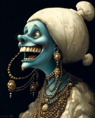 drawing of a woman with a pearl earring as an anthropomorphic cryptid smiles and happy, meticulou