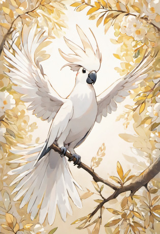 In this exquisite illustration, a Cockatoo takes center stage, its majestic presence emanating an air of regal elegance. The Cockatoo's wings are gracefully folded, creating a serene and composed tableau that allows its distinctive features to shine.

Set against a muted, natural backdrop, the Cockatoo's plumage becomes a mesmerizing focal point. Each feather is a masterpiece of nature's design, featuring a delicate blend of pristine white and soft, subtle blushes of pink. The feathers are expertly detailed, capturing their unique texture and the faintest iridescent shimmer that adds to their allure.

The Cockatoo's striking crest, a trademark feature, gently arches over its head, creating an aura of sophistication. Its intelligent eyes, framed by gentle arcs of feathered skin, exude a sense of wisdom and curiosity. The beak, curved with precision, hints at the bird's ability to crack nuts and seeds with ease.

Perched gracefully on a slender branch, the Cockatoo's posture reflects its calm and collected demeanor. Its feet, adorned with powerful talons, grip the perch with finesse, displaying both strength and grace. The bird's tail feathers, neatly aligned and slightly tapered, add a sense of symmetry to the composition.

This Cockatoo illustration is a testament to the bird's regal charm and innate beauty. Its wings, folded in a poised manner, accentuate the Cockatoo's composed nature, while the overall composition captures the essence of this majestic avian species. Against the understated backdrop, the Cockatoo stands as a symbol of grace, purity, and timeless elegance. White background,