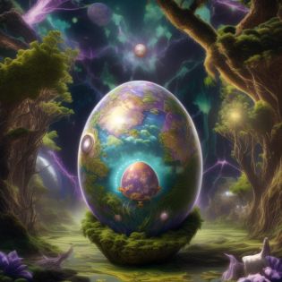 a detailed drawing of an egg with worlds in it, in a lush fantasy forest, Encapsulated