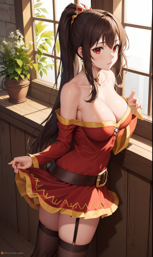 (masterpiece, best quality, high quality, high resolution: 1.4), detailed, extremely detailed, soft ambient lighting, 4K, ornate, internal, (rebirth, crop: 1.4), plants, window, 1Gril, megumin (soil: 1.4), ( megumin: 1.2), Standing, full body, (Focus on breasts: 1.2), (Extremely detailed hair: 1.2), Dark brown hair, shoulder length hair, Long locks, Fringe, (Hair intake, High ponytail:  1.4), expression, reds, emotion the flower of the skin, (Red Eyes, Bright, lust, sexual tension, Looking at the Viewer: 1.2), Curvy, Huge Breasts, Skindentation, (Explosive Breasts: 1.2), (Tiara: 1.2), Crown, (Neckline, Strapless, Red Dress, Ruffled Dress, Long Skirt, Buffalo Skirt, Buffalo Sleeve, Juliet Sleeve, Long Sleeve: 1.2), Jewelry, Totally Sexy, garter belt, black stockings