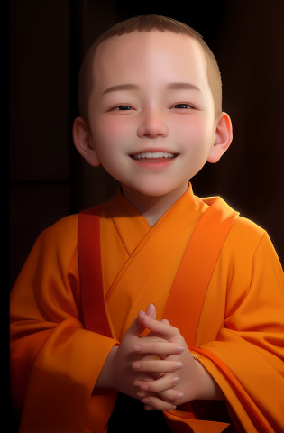 Alphad child in orange robes?Happy smile?clasps his hands together?Innocent and beautiful smile?