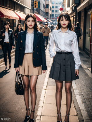 ,(RAW photo:1.2), (Photorealistic:1.4), Street photography,Beautiful Meticulous Girl, very detailed eyes and faces, Beautiful detailed eyes, ultra�-�detailed, A high resolution, The is very detailed?best qualtiy?tmasterpiece?Stylish clothes?a skirt?illustratio?The is very detailed?unified?8k ???finely detailled?tmasterpiece?best qualtiy?Unity8k wallpapers?light in face?cinmatic lighting, 3???, 16 years old?(Camel toes)?(full bodyesbian)?are standing????Stylish clothes,Long legs?high-heels?the street???