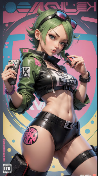 a close up of a cartoon character holding a nintendo wii controller, terminal, official artwork, terminals, hq artwork, promotional artwork, official art, style of jet set radio, promotional art, terminal text, jet set radio artwork, album art cover, art cover, promo art, album artwork, va-11 hall-a, package cover, jet set radio