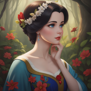 pintura de uma branca de neve sentada em uma rocha em uma floresta, Retrato da Branca de Neve, Branca de Neve, Arte no estilo da Disney, estilo de arte disney, pale snow white skin, arte disney, 4K HD |. cabelos brancos de neve, pintura de personagem bonita, arte conceitual disney, arte de pintura digital dos desenhos animados, Pintura do retrato de uma princesa, personagem disney, estilo de personagem disney
