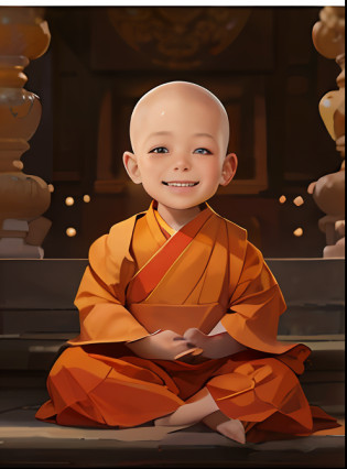Close-up of a child sitting on a step smiling, lovely digital painting, monk clothes, Buddhist, tithi luadthong, concept art of a monk, Buddhism, monk, portrait of monk, yanjun cheng, buddhist monk, 2 1 st century monk, nivanh chanthara, wojtek fus, Avatar image, monk