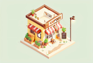 Illustration of small building in coffee shop with coffee sign and street lights, Isometric art, shaded flat illustration, isometric illustration fun, isometric illustration, 3 d isometric, prerendered isometric graphics, 3d isometric, not isometric, isometric pixel art, isometric 2 d game art, isometric design, isometric pixelart, Isometric style