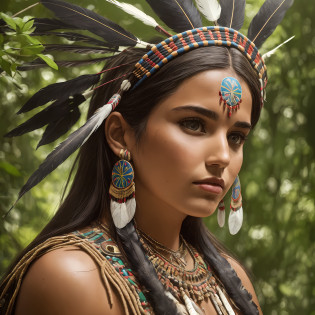Woman of 28 years South America, perfect face looking at the orisonte with a small scar on the Buchecha, long dark hair catanho with, indigenous feathers on the head (large feathers) made up with Mexican skull, indigenous necklaces medium breasts half neckline, rustic cloth covering part of the body indigenous painting on the left arm, background with half dark forest nature with lots of life,    Ultra 8K High Resolution Image Best Image --auto --s2