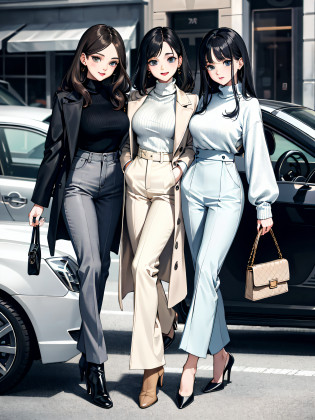 Detailed background?top-quality?Beautiful woman in her 20s?Cute hairstyle?huge-breasted?Smiling?Elegant knitted style?Knitted sweaters and turtlenecks?Match wide pants?On top is?Wear a classic trench coat?For your feet, Choose boots or pumps with heels.?Bring a smaller bag