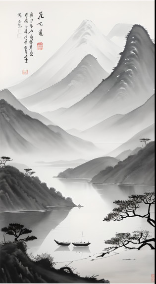 ink and watercolor painting?Draw on rice paper?Use thick and light ink to create light and dark variations and layers?Pick the right ink color?Such as deep black?Thick gray?Light coffee, etc?to express different situations and atmospheres?Control the gradient and transition of ink color by the humidity and consistency of the ink?mont?Eau?the trees?Snowflakes flying in the sky?Lake surface?Small broken boat?Bleak, Desolate, Solitude?A huge full moon rises over the horizon?eventide?wide wide shot?Cool moonlight?Black and white tones?The background is a snowy scene,There are dead trees on both sides of the picture? Traditional Chinese Ink Painting, Traditional Chinese art, author?Guo Xi, author?Ma Yuanyu, Traditional Chinese painting, author?Xu Xi, author?Luo Mu, author?Yang Buzhi, author?Li Kelan, author?Gu An, Ink painting ) ) ) ), Chinese ink painting, Chinese painting style