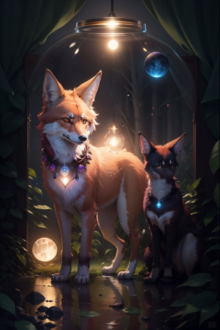 scene inside within a glass ball, with four legs, a very cute, (maned wolf cat forest fox hybrid animal), solid rich deep brown fur color, very dark forest trail, multi-shades of maroon night flowers that border the trail, wearing a glowing enchanted gemmed collar with bioluminescent blue diamond collar pendant, bioluminescent, full moon-lit, iconography, hints of maroon color, ultra detailed, beautiful and aesthetic, High quality, beautiful, masterpiece, best quality, (zentangle, mandala, tangle, entangle :0.6), 24k resolution, photorealistic.