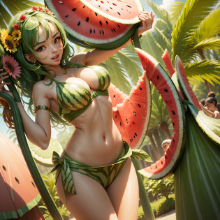 Enter an oasis where a woman in watermelon-inspired costumes basks in the refreshing ambience of a watermelon-themed paradise. Surrounded by huge watermelon slices and vibrant d�cor, She personifies the joy of summer delights.