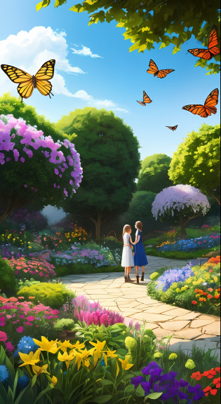 Estrelita guided the two sisters down a secret path, leading them to an even more stunning part of the garden. There, they discovered a lake of crystal clear waters, surrounded by luminous flowers that emitted a sweet and comforting aroma. Butterflies flew around, creating a spectacle of color and movement. Illustration of 