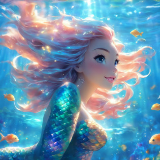 (goddess of the ocean,mermaid,multi-colored long hair,mystical),(best quality,4k,8k,highres,masterpiece:1.2),ultra-detailed,(realistic,photorealistic,photo-realistic:1.37),aquatic,serene,ethereal,underwater beauty,serenity of the sea,reflections in water,sparkling sunlight,dancing waves,scales gleaming in the sunlight,seashells and pearls,flowing vibrant tail,graceful and enchanting,seamless transition between land and sea,wisps of seaweed,coral reefs and colorful fish,tranquil blue hues,gentle waves caressing her,breathtaking oceanic kingdom,sirens' sweet melodies,hidden treasures deep within the sea,temples of the sea gods,alluring eyes,humans and sea creatures living harmoniously,floating amidst the currents of the ocean,celestial aura,mythical creatures rising from the depths,tranquility of the underwater world,aureate rays of sunlight piercing the surface,mermaid royalty,serene expression,mesmerizing beauty,heavenly creatures emerging from the water,deep ocean mysteries.