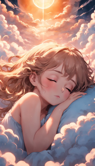 ?masterpiece, Highest Quality, MovieSteel, 1Ladies, Cloud Lady, Floating in the sky, close-up, brightness, happiness, Warm and soft lighting, sunset, Sleeping, Sleep on your stomach, sleep, eyes closed, fatigue. (sparks:0.7)