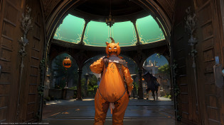 a close up of a screenshot of a character in a video game, final fantasy 1 4 screenshot, final fantasy 14 sharp, final fantasy 14 style, tranding on pxiv, final fantasy 1 4, ffxiv heavensward, ffxiv, final fantasy xiv, an epic majestical degen trader, Pumpkin head Halloween  , trending on pxiv
