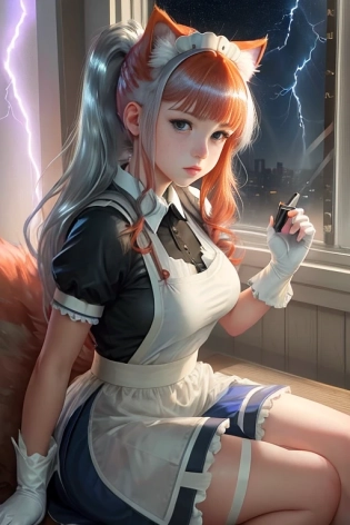 maid sits in a diner at the window, rain outside