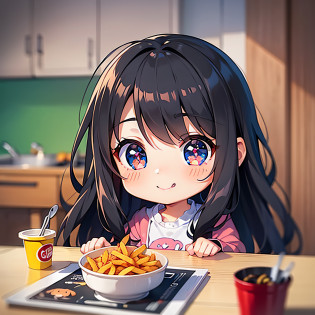 perfect-composition?Perfect pictorial composition?Cartoon girl with long hair?cartoon artstyle?Cartoon Cute Girl?Chibi Girl?Chibi?cute cartoon style?Cute art style?Cartoon style?Cartoon style illustration?Digital art of cartoons?Cute digital art?Cute anime girl?Chibi?estilo chibi?Kawaii Girl?an anime drawing?pop-art?Cartoon style illustration??Equivalent?Head large?kawaii eyes?radiant eyes?Sparkling eyes?kawaii faces?Innocent face?smooth hair?Black hair?Black hair?Potato fries?french fried?French fries in cooking?kindly smile?Eat french fries?inside in room