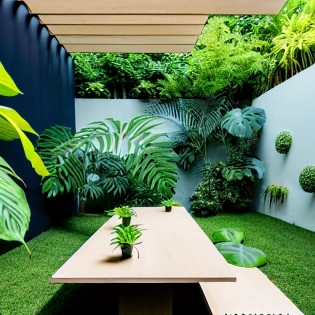 high resolution photography landscape design, absolutely open space and blended with the garden, flat space, monstera deliciosa and other tropical plants, dreamy space for conversation pit, micelio and wood for the floor, begonia rex, sedums, bauhaus futuristic furniture and funny decoration, beige blue salmon pastel palette furniture, landscape design magazine, cozy atmosphere, party