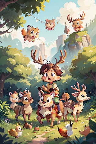 A herd of super cute deer?edgBunny?ducks?Monkeys and lions rush towards you?They belong to the cover in cartoon anime style?