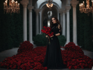 There was a woman holding a bouquet of roses in her hand, With flowers, Album art, she is the queen of black roses, Gothic aesthetics, Red roses, Black rose frame. D&D, Black roses, gothic horror vibes, Gothic style, Holding flowers, gothic maiden, holding red roses, advertisement picture, album covers, album covers, Gothic Art Nouveau style reflective floor,( Mirrored textured flooring: 1.0),
