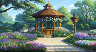 there is a gazebo surrounded by flowers in a garden, rose garden, gazebos, botanical garden, parks and gardens, ghibli studio, flower garden, fairy tale place, a paradise like a fairyland, photograph of enchanted garden, ornate retreat, flowers garden, the empress� swirling gardens, in a cottagecore flower garden, victorian setting,32k