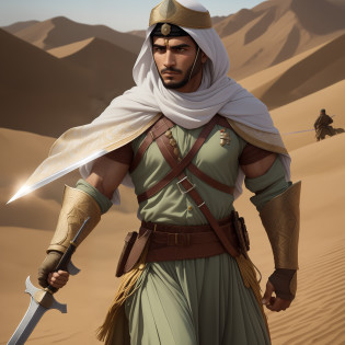Step into the world of valor and courage with a captivating prompt featuring an Arab soldier wielding a gleaming sword. This evocative image depicts the soldier in the midst of an epic battle, standing tall and resolute. Clad in traditional armor that reflects the rich history and culture of the Arab region, the soldier exudes an aura of strength and determination.

The sword, held firmly in the soldier's hand, catches the light and glints with a sense of purpose. Its blade, carefully crafted with intricate details, symbolizes the soldier's unwavering commitment to protect and defend. With a backdrop of desert landscapes or ancient ruins, this scene immerses you in the timeless heritage of the Arab warriors.