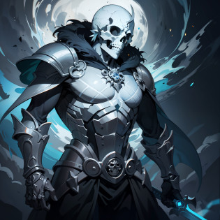 The oil painting depicts a hauntingly beautiful scene of the Skull Knight, a legendary figure from ancient tales. The dimly lit background sets a mysterious atmosphere, with swirling mist surrounding a crumbling castle in the distance. The moonlight casts an ethereal glow, illuminating the grim skeletal face of the Skull Knight.

Standing tall and imposing, the Skull Knight is adorned in a tattered cloak that billows in the wind, giving a sense of movement and power. His armor, worn and battle-worn, tells tales of countless battles fought in a forgotten era. The intricate details of the armor, accentuated by the soft brushstrokes, create a sense of realism and history.

In one hand, the Skull Knight holds an intricately designed sword, its blade reflecting the moonlight. The other hand firmly grasps a shield, bearing the symbol of a fearsome skull. The intricate engravings on the sword and shield hint at the rich lore and legends associated with the Skull Knight.

The Skull Knight�s hollow eye sockets captivate the viewer, displaying an ancient wisdom and a hint of sorrow. The artist masterfully captures the duality of the character, combining a sense of darkness with an aura of nobility and a deep sense of purpose.

The painting�s overall composition and use of color evoke a sense of foreboding and imminent danger. Shadows and highlights play across the Knight�s skeletal features, creating a captivating visual contrast. The skillful use of shading and texture creates depth and dimension, making the Skull Knight seem almost tangible, as if he might step out of the canvas at any moment.