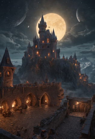 fantasy art, Ultrawide shot, painting, detailed , deviantart, contest winner, concept art, , tim hildebrandt, fantasy, , night time , , fantastic realism, artstation ,, style of Adrianus Eversen ,not aesthetic architecture, Movie Still,greg rutkowski, Create a riveting scene featuring a Floating Sky Fortress valiantly defying a horde of monstrous creatures. Picture the fortress suspended in the sky, its majestic architecture juxtaposed against the threat below. The monstrous beings below seek to conquer, while the fortress stands as a bastion of resistance. Convey the tension and determination as the two forces clash in a high-stakes battle between civilization and chaos