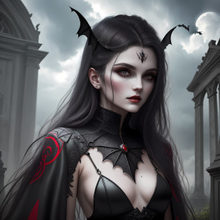 Close-up of two vampires?Stay in a magnificent cemetery??Cemetery female vampire facing the audience:1.2???Male vampires inside the cemetery face the audience:1.2??(There are flying bats in the sky:1.2)?(Old European castle architectural style)??Moonlight shines through the clouds???The picture presents a mysterious and obscure gray tone???tmasterpiece???Best picture quality???Very detailed and uniform picture???8k�wallpaper???Tyndall effect???light and shadow effect???Obvious layering???Unreal 5??The creation is inspired by movies?Vampire Dracula??Tattooed with?red color eyes?goth style?Psychedelic surrealist art?Surrealist psychedelic design?dream art style?Illusion psychedelic art?Quality quantity, Skin texture, Intricate details, (Cinematic lighting), RAW photo, 8K?