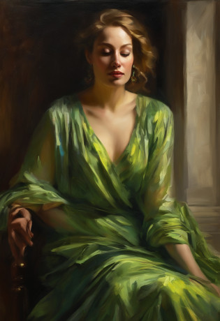 A painting of a woman with her eyes closed, leaning on her hand smiling, wearing a beautiful green dress, with exposed cleavage, ((golden ratio}} laying on the sofa after a long night on the town, a sensual painting, a Beautiful expressive painting, Wadim Kashin. Ultra photo realism, Louise Ross, digital painting art, Perceptual digital painting, Stylish digital painting, Bonito painting, glossy digital painting, beautiful digital painting, digital art painting, Fine paintings, thick strokes, pallette knife,  impasto, Albrecht D�rer, Rembrandt, baroque art, alla prima, sfumato, chiaroscuro, intense light, catchlight