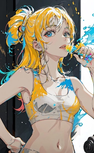 ultra resolution, (photorealistic:1. 3), 1 (slim:1. 2) girl, solo, close up, upper body, look at viewer, paint splash, multicolor paint, multicolor, colorful