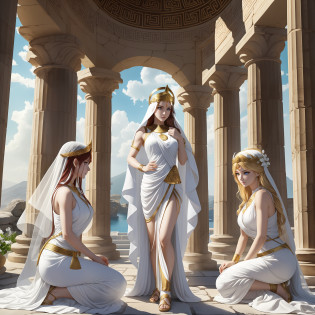 (Three Intimate Goddesses)is chatting happily in an ancient Greek temple?