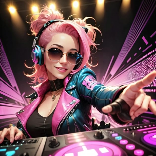 beautiful (smiling:1) woman DJ with (pink hair:1. 1) wearing (headphones:1. 1) and sunglasses and a leather jacket, deejaying with turntables while dancing, colorful disco lights, (skindentation:1. 2), (perfect photorealistic face:1. 3), (hyper-realistic:1. 2), rule of thirds golden ratio, cinematic, absurdres