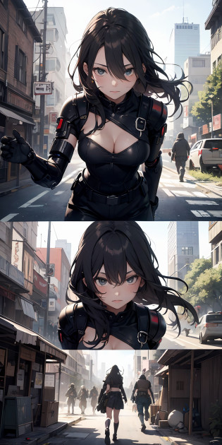 Absurd resolution, high resolution, (masterpiece: 1.4), super detail, one girl, girl vs. a bunch of robots, devastated Shinjuku, war with robots, battle scenes, looking down from above