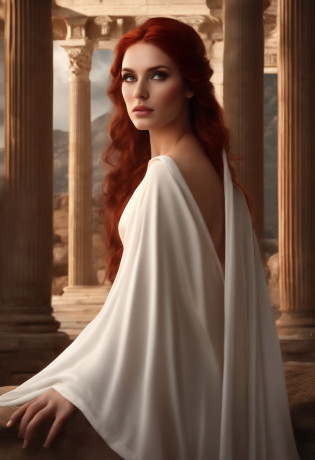 Greek goddess of hearth and fire, with ((Dark red hair)) and ((Dark red eyes)), with fair skin, Wearing a long white Greek robe and a white veil, It looks mysterious and beautiful, Inside an ancient Greek temple, 