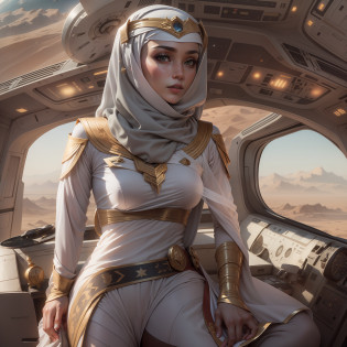 Arabic version?Star-Trek??Female version?Star-Trek??Arab female version of James?Arabic hijab?Veil masked?Arabian luxury Starfleet uniform?Sitting in the cockpit of the Enterprise?The Arab women's version of Spock and the Arab women's version of McCoy?Wear an Arabic headscarf?Veil masked?Wearing an Arabian luxury uniform?Stand behind him?The Arabic version of the Enterprise sails in space?High-tech and Arabic style?
