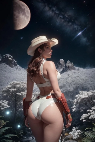 Masterpiece, analog style, bldrnrst, (35mmstyle:1), film-like, rear angle photo of (effortlessly beautiful [cyborg| woman] space outlaw, wearing white latex booty shorts and [Cyberpunk| Dieselpunk] red vest armor, accentuated booty), ((cowboy hat)), (perfect face:1. 2), looking back at viewer, (detailed skin), realistic skin texture, [[imperfect skin]], fine details, BREAK(standing on brink of tall mountain with grand and imposing tropical rainforest on alien planet in the background), (sci-fi), (mountains:1. 1), lush green vegetation, vivid details, beautiful colors, [ambient light], (two moons and majestic galaxy in the night sky above in background), [fantasy| scifi]_\(setting\), BREAK(lens flare:0. 7), (bloom 0. 6), particle effects, beautiful cinematic light, shallow depth of field, photographed on a Hasselblad X1D II 50c, 90mm f/2. 8 cine lens, sharp focus, cinestill 800T, (highly detailed, intricately detailed), HDR, 8k, cinematic film still from [gravity| westworld], from behind, big ass