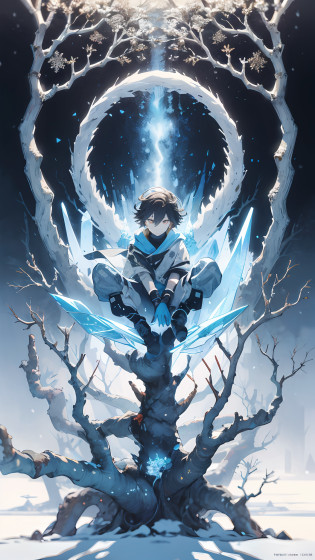 absurds?High res?ultra Detailed?official arts??? 8k ???ultra Detailed?Beauty and aesthetics?master masterpiece?best best quality??zentangle?Ice and snow?Tangles?Entanglement???s fractal art?1.3??PhotoRealistic??master masterpiece?top quality?best best quality?official arts?Beauty and aesthetics?1.2??Very Detail?s fractal art?variegated?most details?zentangle??Abstract Background?1.5??1boy?1.3??Kamimei??Glowing blue eyes??Enigmatic?(MAGIC)?((Sit on a tree))?Ice and snow