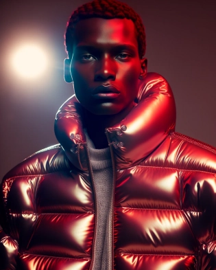 well lit fashion shoot portrait of handsome man wearing a metallic red inflatable oversized bubble puffer jacket designed by yeezy and balenciaga, sharp focus, clear, intricate, cinematic, glamourous, symmetrical, soft lighting, indirect lighting, vogue, editorial, fashion, magazine shoot