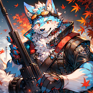 solo person?furry?werecreature?Male white wolf?Blue fur?Blue tail?White ears?Blood-red eyes?Red collar?musculature?male people?Handsome??The furry feeling of animal ears??With a firearm?commando?rifles?cyber punk perssonage?Tech goggles?Maple leaf falling?autumnal