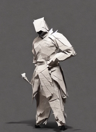 An origami of a samurai made of crumbled paper, by Greg Rutkowski, trending on artstation, intricate d�tails, 8k