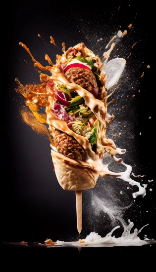Commercial photography, massive splash kebab, white lighting, studio light, 8k octane rendering, high resolution photography, insanely detailed, fine details, on white isolated plain, 8k, commercial photography, stock photo, professional color grading, --v 4 --ar 9:16