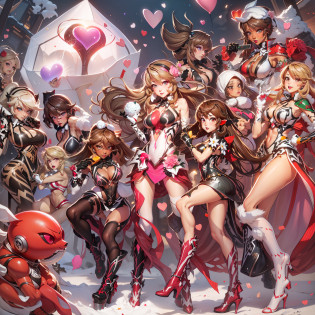 One cartoon character holding a snowball, of a ramlethal valentine, elf girl, annie from league of legends, miss fortune, samira from league of legends, amy rose red dress, from league of legends, shining pink armor, krenz cushart and artgerm, from overwatch, elf girl wearing an flower suit, viOne cartoon character holding a snowball, of a ramlethal valentine, elf girl, annie from league of legends, miss fortune, samira from league of legends, amy rose red dress, from league of legends, shining pink armor, krenz cushart and artgerm, from overwatch, elf girl wearing an flower suit, vivy, ((ecchi))