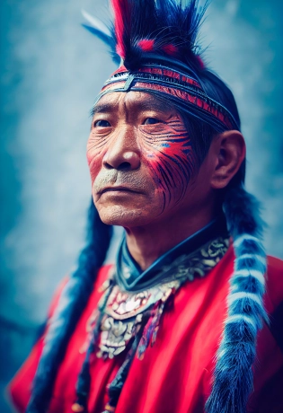 portrait photo of a asia old warrior chief, tribal panther make up, blue on red, side profile, looking away, serious eyes, 50mm portrait photography, hard rim lighting photography--beta --ar 2:3 --beta --upbeta --upbeta